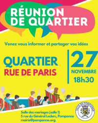 Réunion de quartier – Rue de Paris – jeudi 27 novembre – 18h30 Réunion de quartier - Rue de Paris - jeudi 27 novembre - 18h30